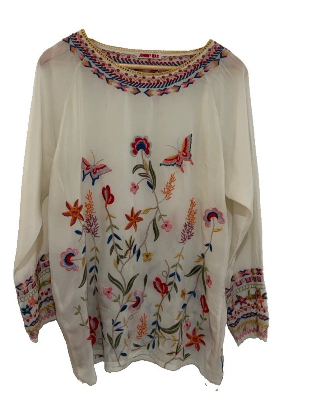 Johnny Was Gella Cream Embroidered Floral & Butterfly Tunic